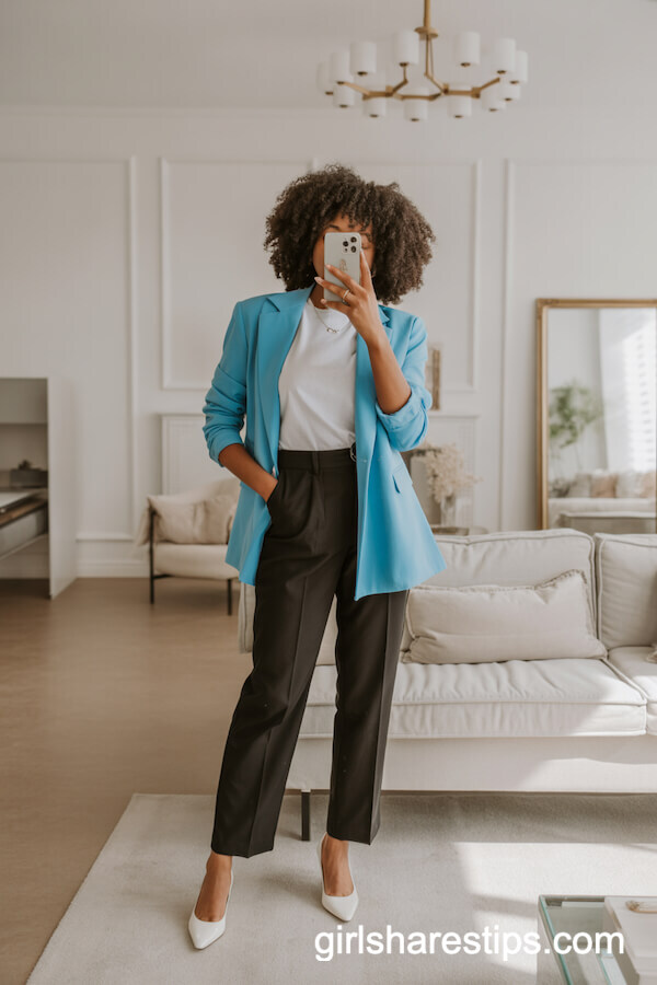 Bright Turquoise Blazer with Black Tailored Slacks