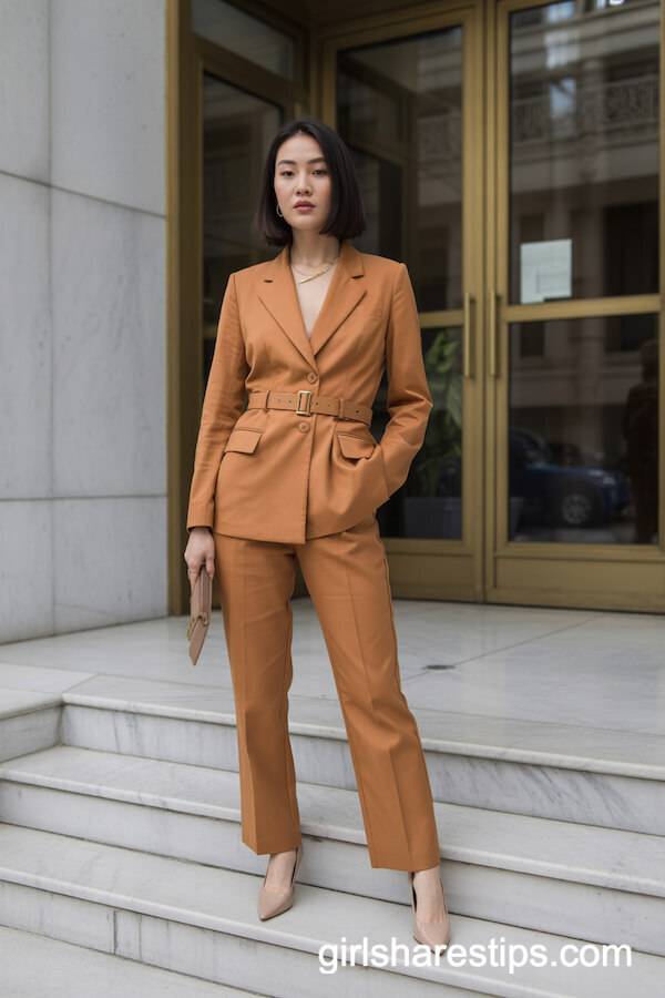 Tailored Rust-Orange Pantsuit with Minimalist Jewelry