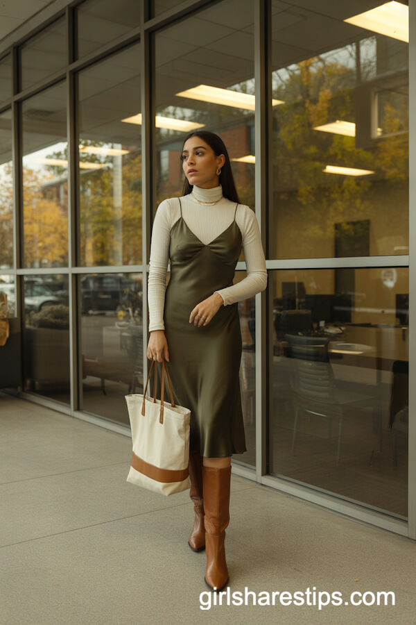 Olive Slip Dress with Brown Knee-High Boots