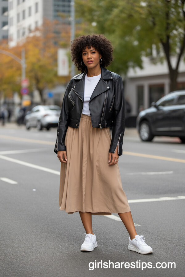 Cropped Black Leather Jacket with Beige Midi Skirt
