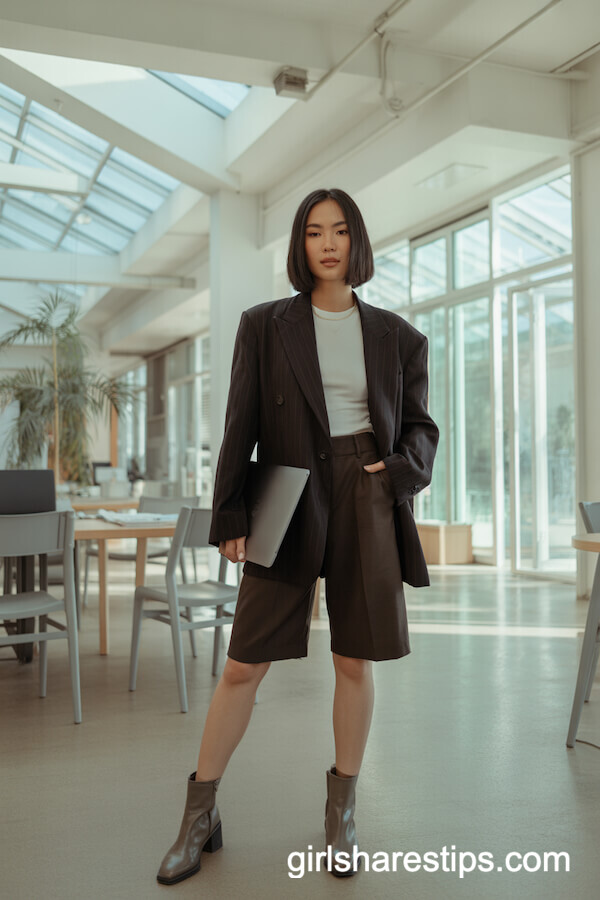 Dark Brown Oversized Blazer with Knee-Length Shorts