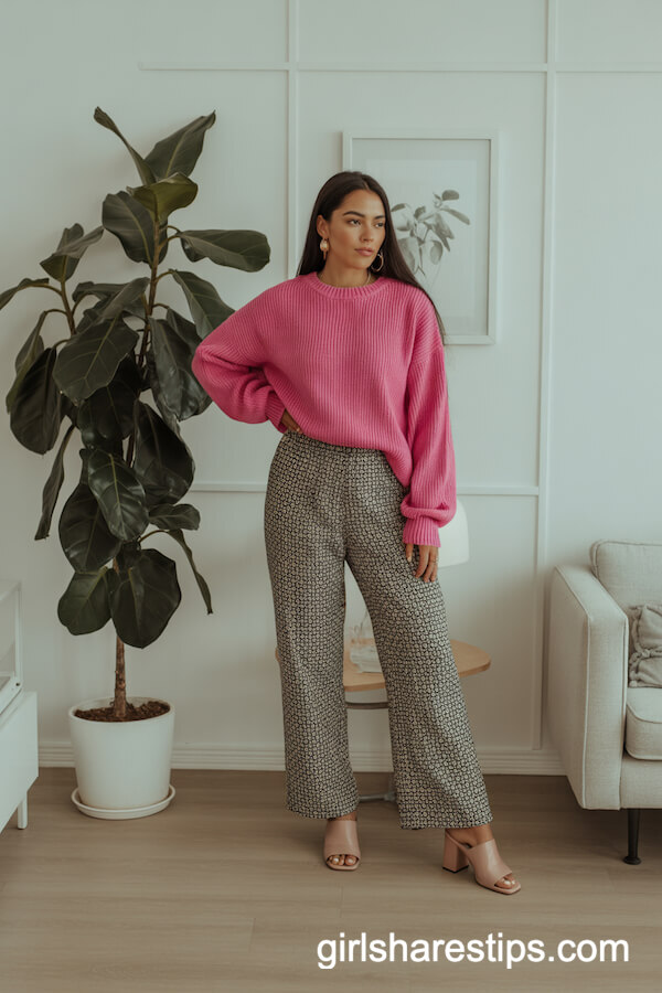 Chunky Pink Sweater with Patterned Wide-Leg Trousers
