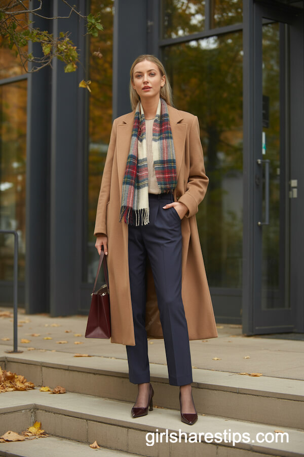 Long Camel Coat with Navy Tailored Trousers