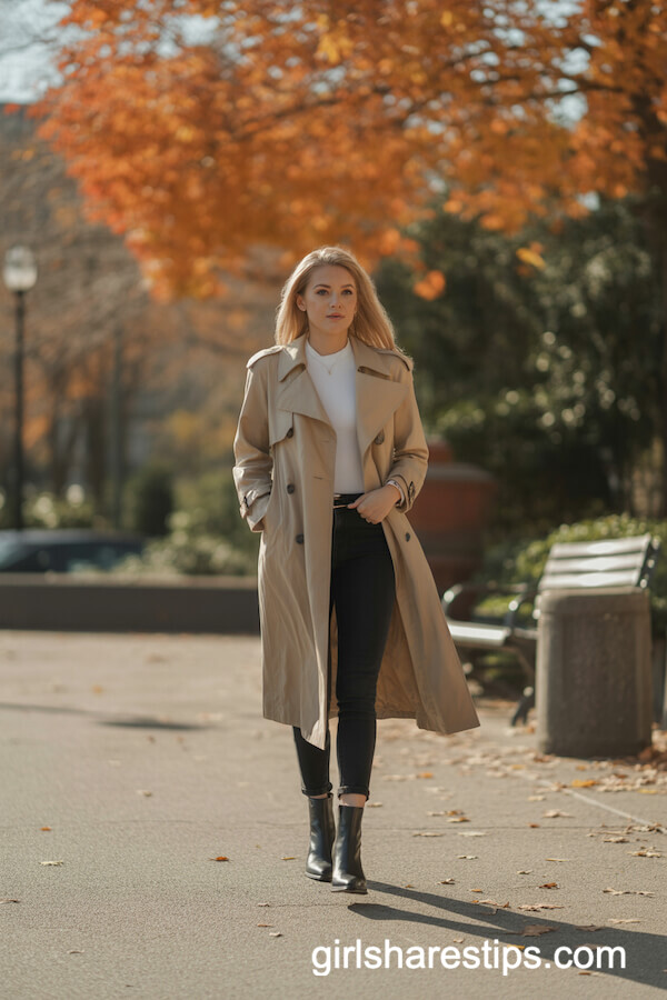Beige Trench Coat with Black Skinny Jeans and Ankle Boots