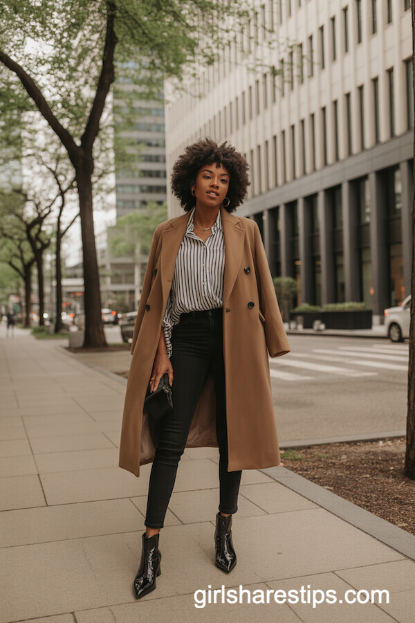 Camel Wool Coat Black Skinny Jeans Ankle Boots