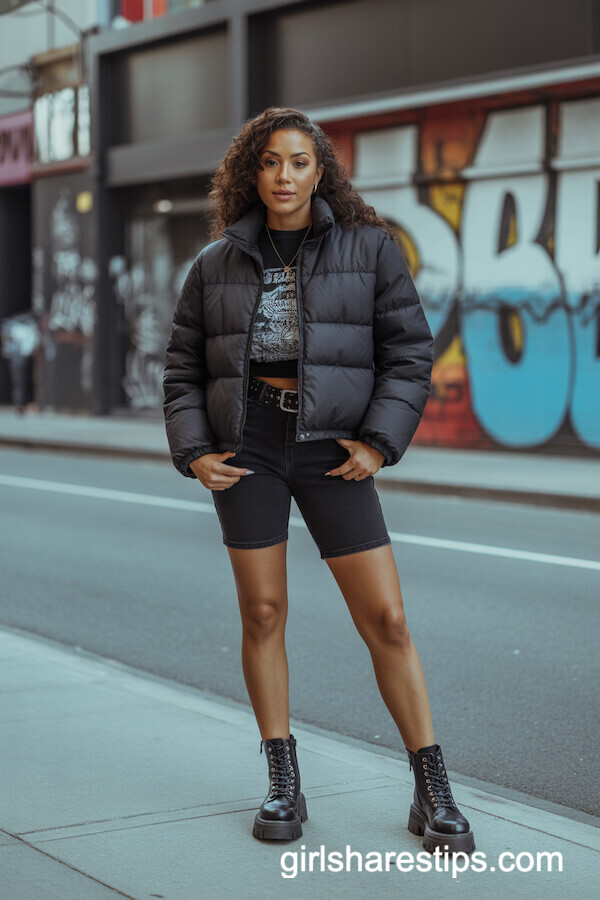 Black Cropped Puffer Jacket and Biker Shorts with Lace-Up Boots