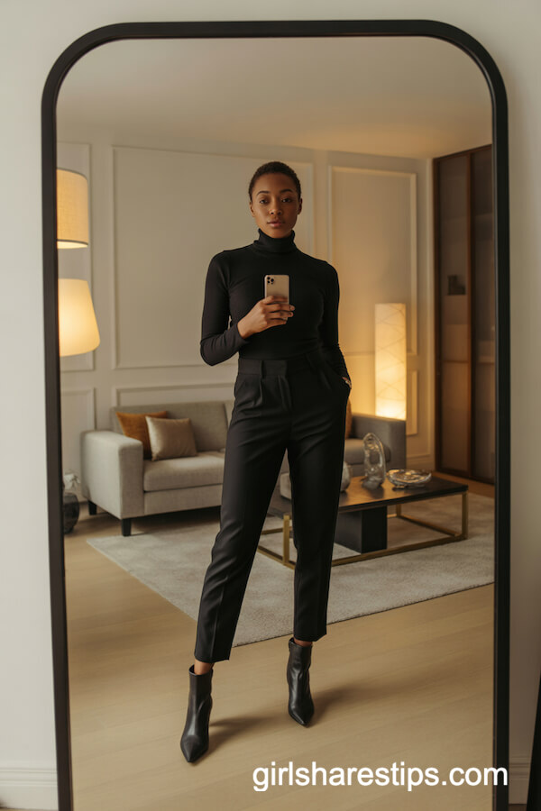 Sleek Black Turtleneck and Trousers with Pointed Ankle Boots
