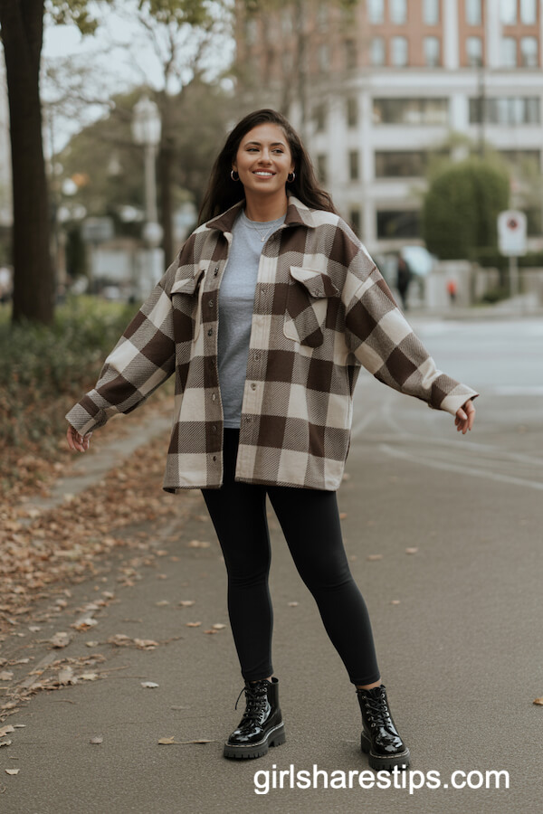 Oversized Checkered Shacket Black Lug Sole Boots