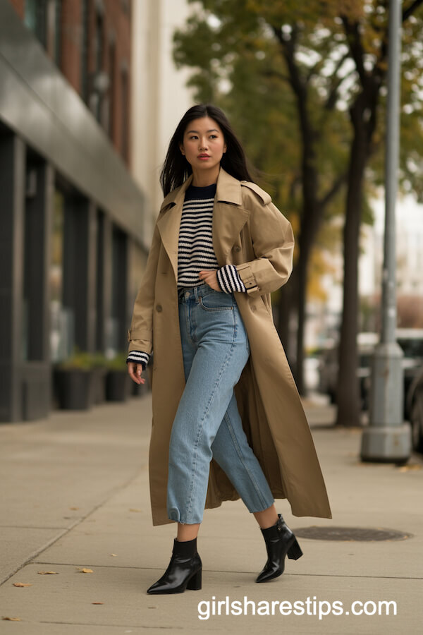 Classic Tan Trench Coat Cropped Jeans Heeled Ankle Boots