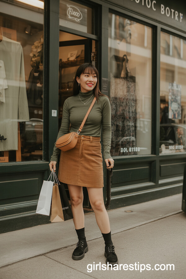 Tan Corduroy Skirt and Olive Turtleneck with Sock Boots