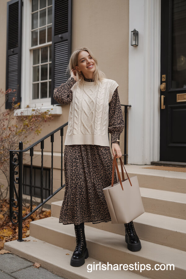 Cream Cable-Knit Sweater Vest and Midi Dress with Chunky Boots