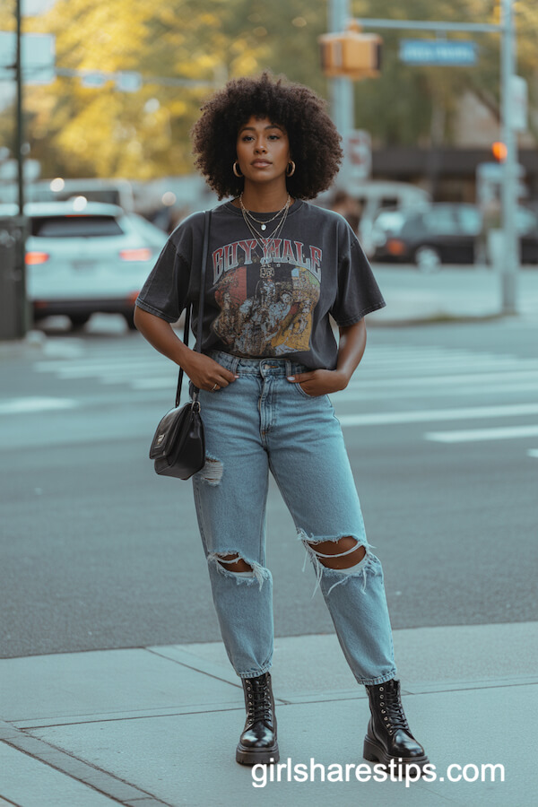 Vintage Graphic Tee and Distressed Mom Jeans with Moto Boots
