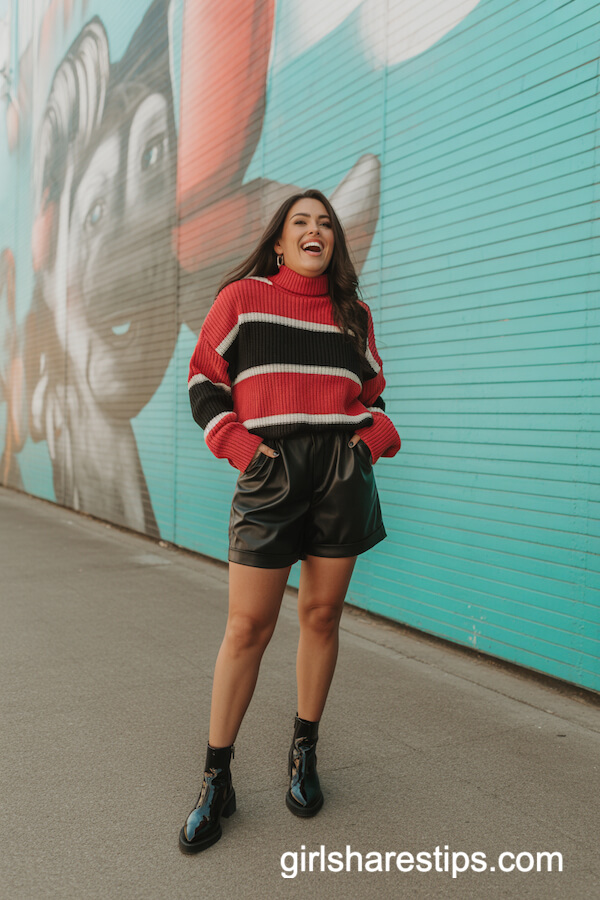 Bold Striped Oversized Sweater and Leather Shorts with Patent Boots