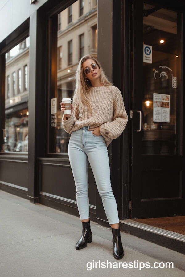 Chunky Knit Sweater Light-Wash Skinny Jeans Ankle Boots
