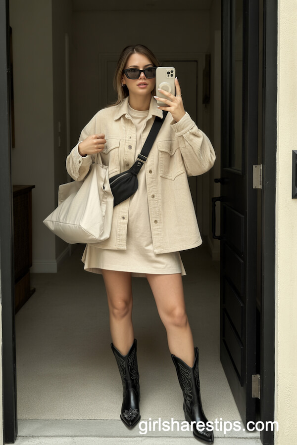 Cream Corduroy Shacket and T-Shirt Dress with Pointed Cowboy Boots
