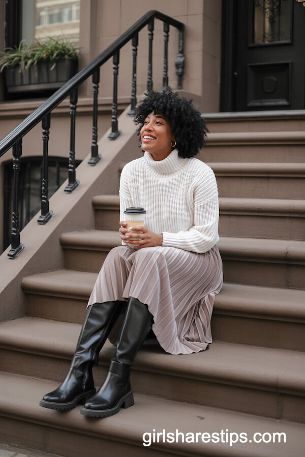 White Chunky Knit Sweater Pleated Skirt Knee-High Boots