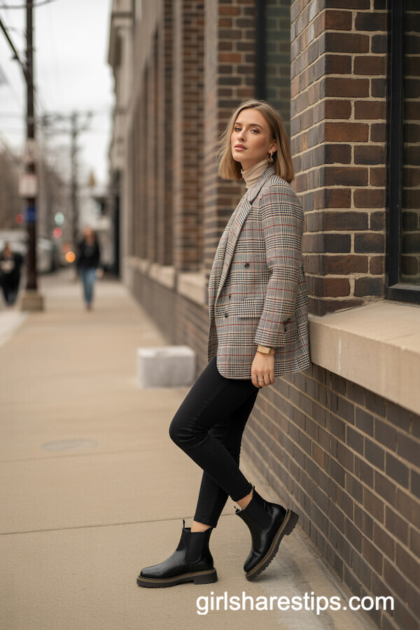 Plaid Blazer and Turtleneck with Black Chelsea Boots