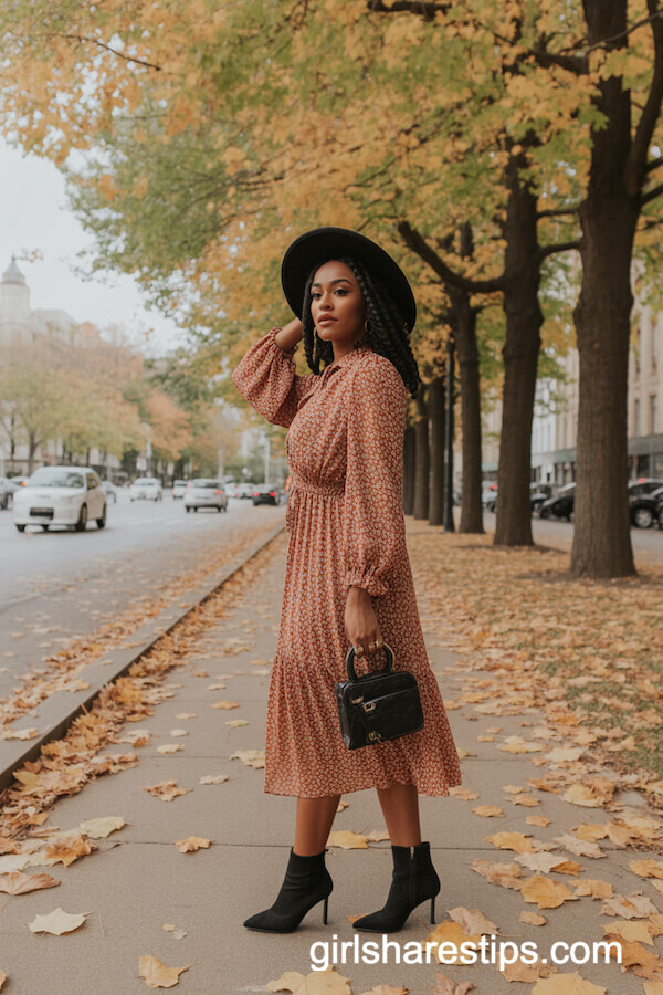 Rust-Orange Floral Midi Dress and Heeled Boots