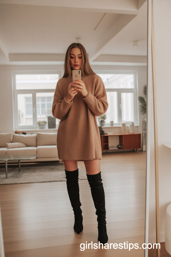 Tan Sweater Dress Over-the-Knee Boots