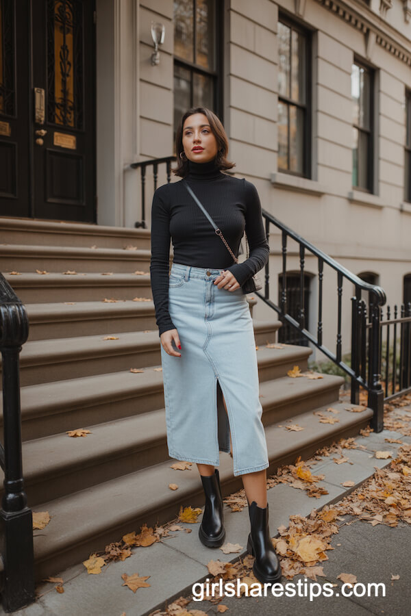 Black Turtleneck and Denim Skirt with Chelsea Boots