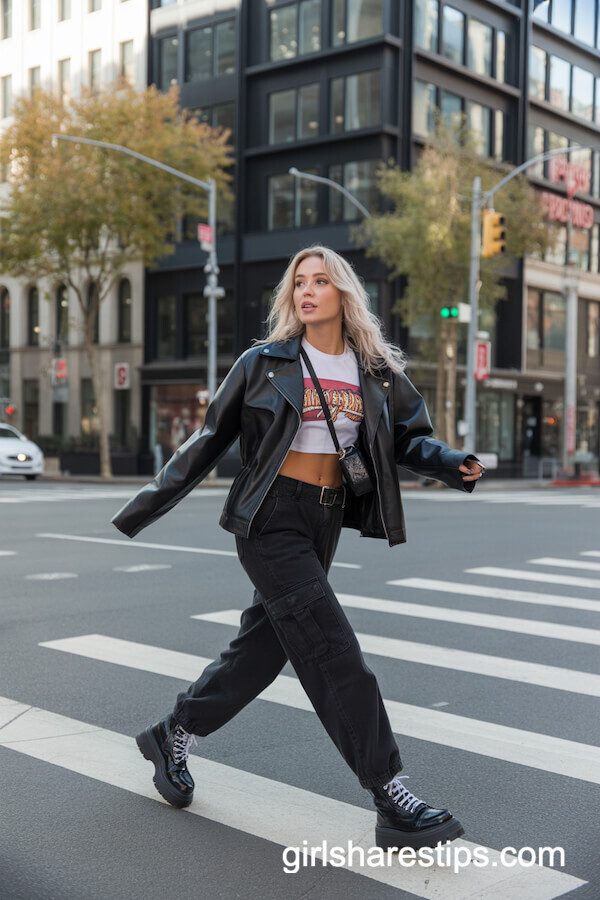 Black Cargo Pants with Leather Jacket
