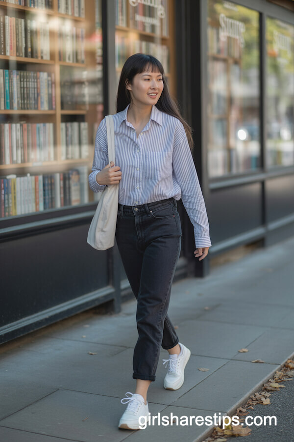 Relaxed Black Pants with Striped Shirt