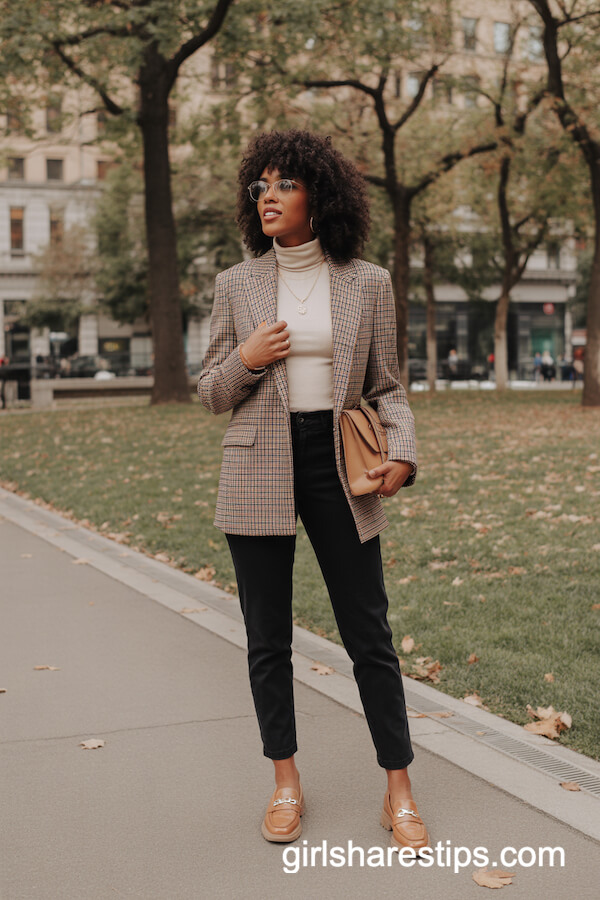 Slim Black Trousers with Plaid Blazer