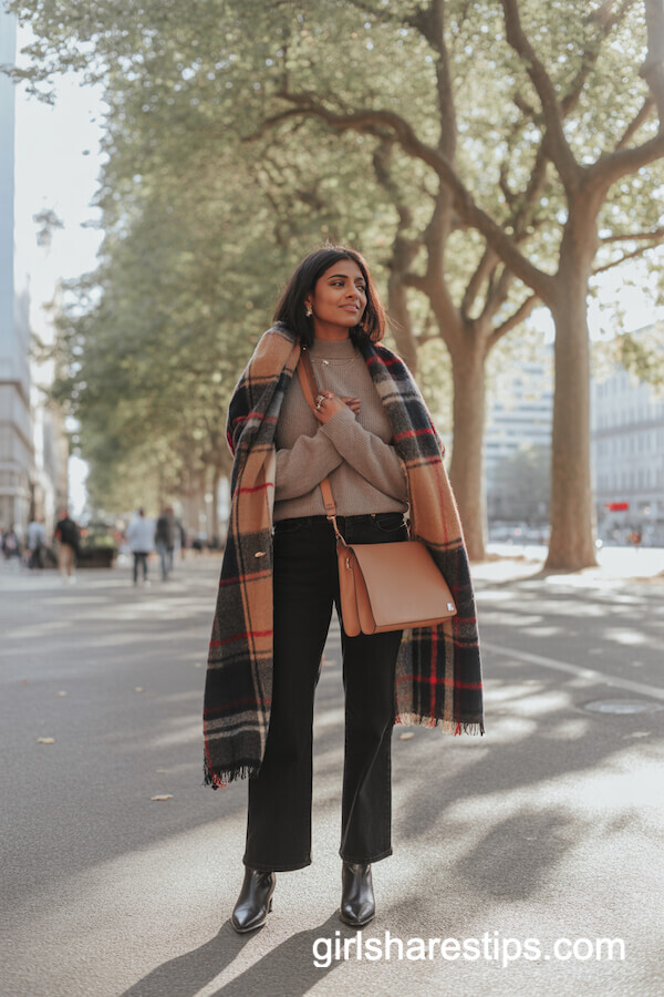 Straight Black Pants with Oversized Scarf