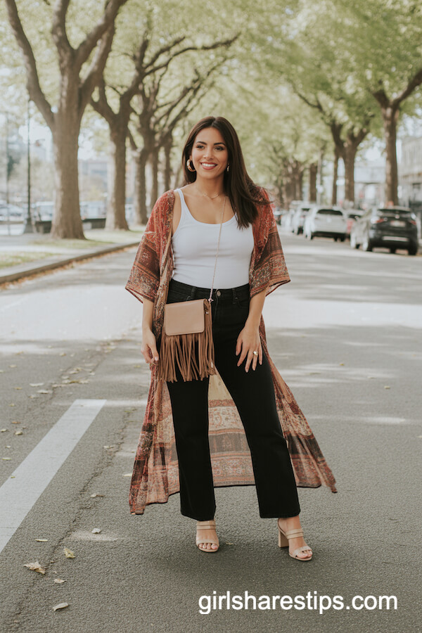 Black Straight-Leg Pants with Flowy Kimono