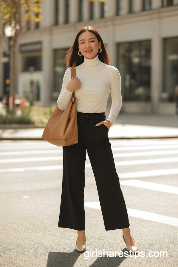 Black Wide-Leg Ankle Pants with Turtleneck