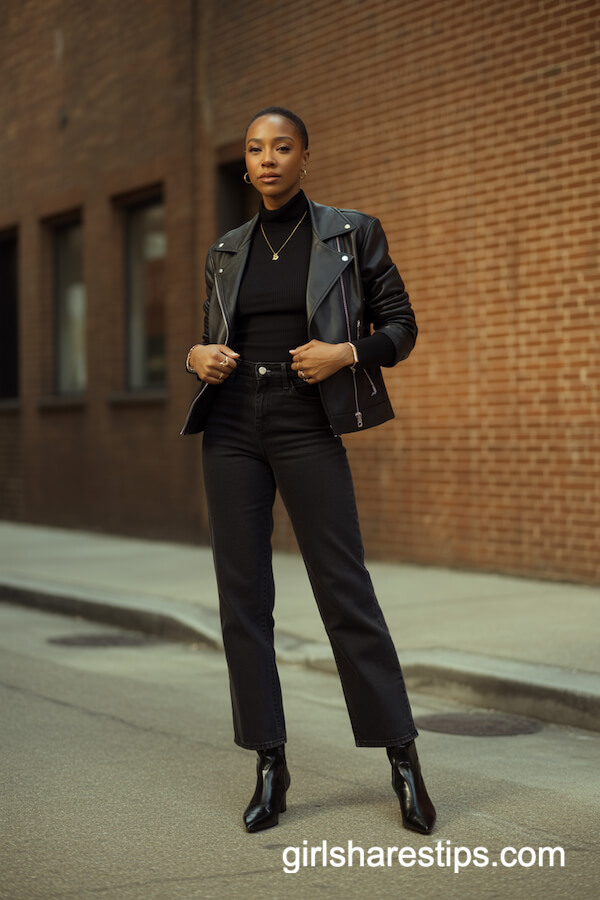 Black Straight-Leg Pants with Moto Jacket