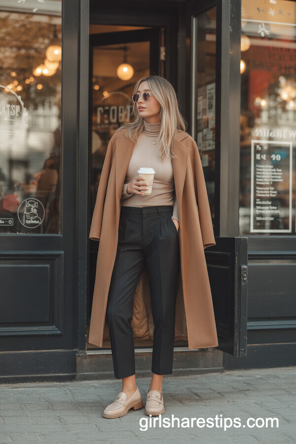 Tailored Black Pants with Camel Coat