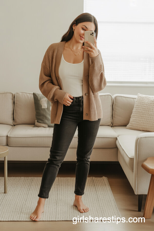 Slim Black Jeans with Cozy Cardigan