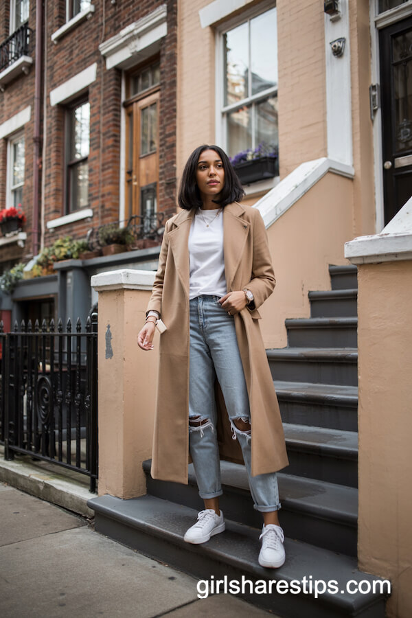 Camel Coat and Ripped Jeans Look