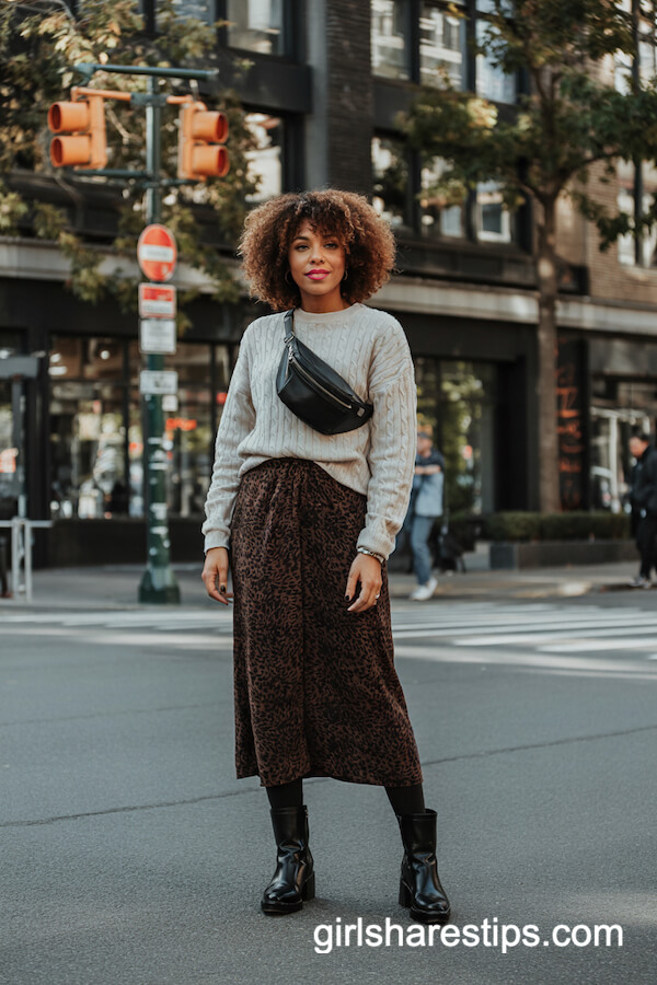 Leopard Print Skirt and Cable Knit Sweater