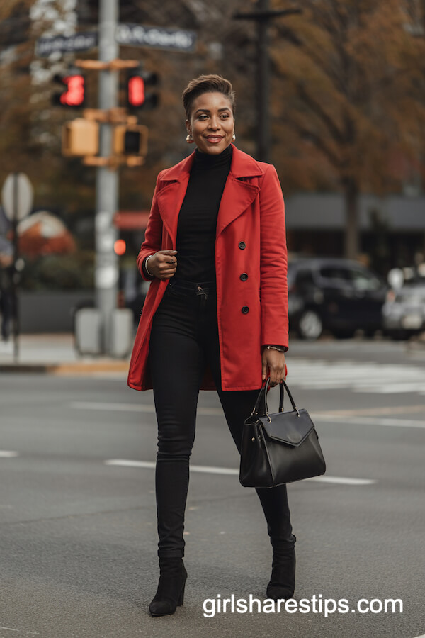 Bold Red Peacoat Over All Black