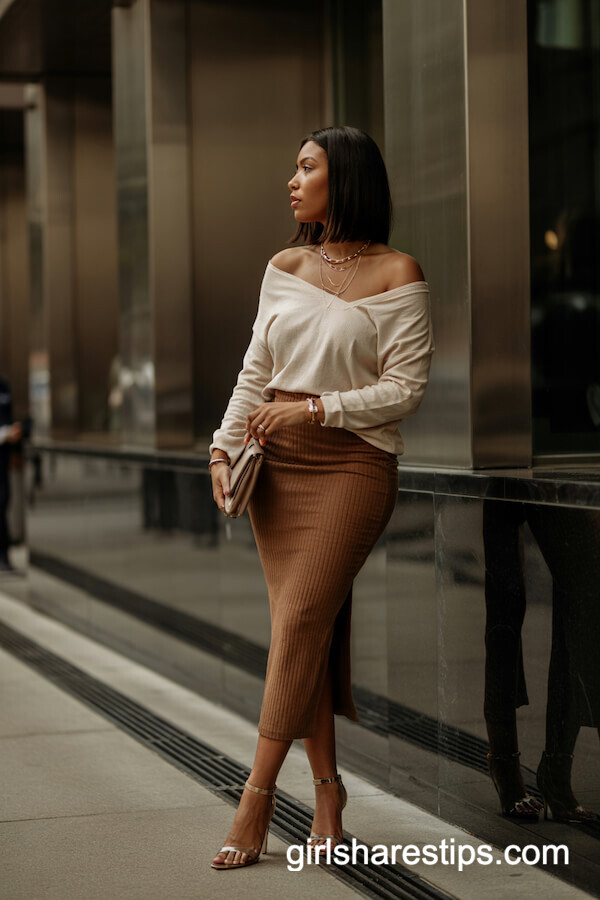 Off-Shoulder Knit and Brown Midi Skirt