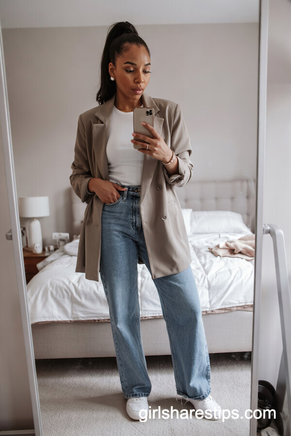 Double-Breasted Blazer and Wide-Leg Jeans