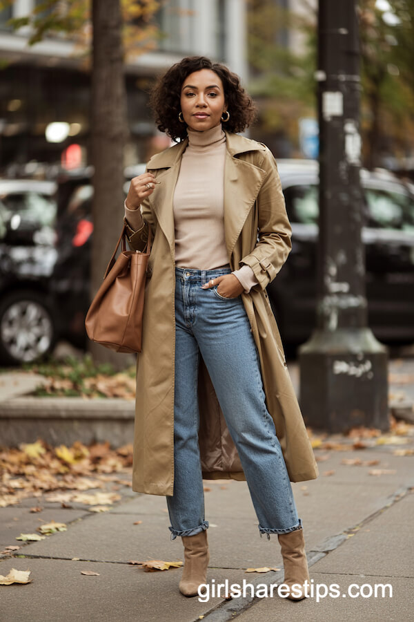 Beige Trench and Blue Jeans Ensemble