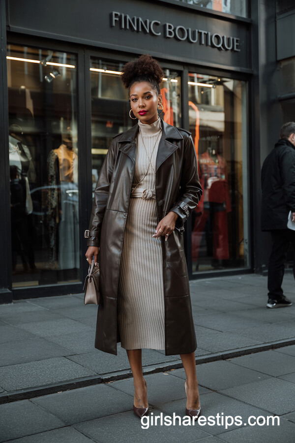 Leather Trench and Cream Midi Dress