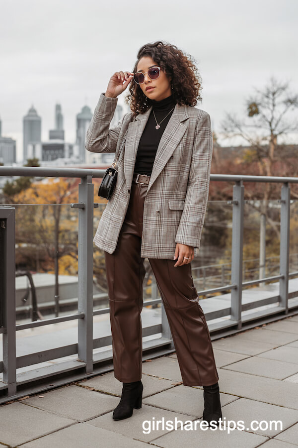 Plaid Blazer with Leather Pants Style