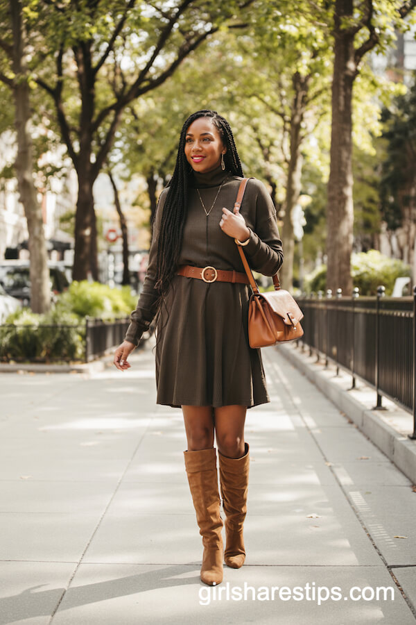 Knit Turtleneck Dress with Knee Boots