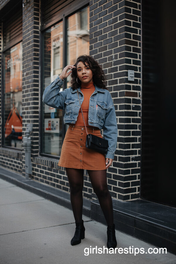 Denim Jacket and Corduroy Skirt Combo