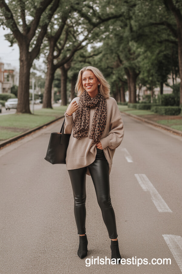 Beige Sweater with Leopard Scarf