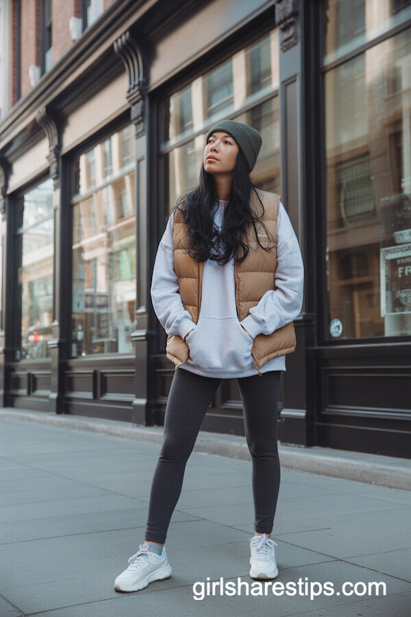 Tan Puffer Vest with Gray Leggings