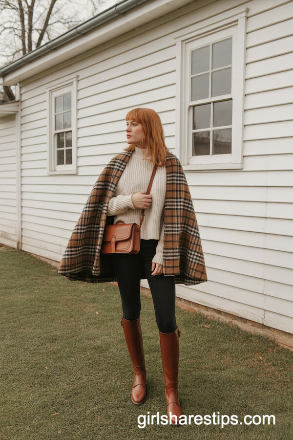 Checked Wool Cape with Black Leggings