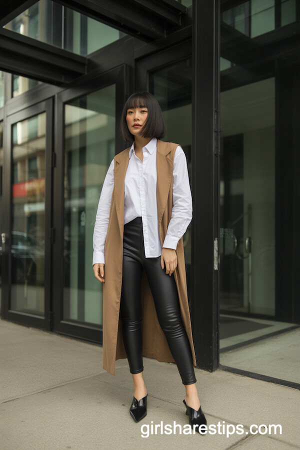 Camel Longline Vest with Faux Leather Leggings