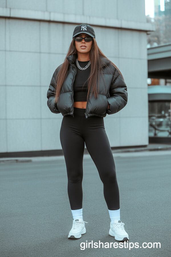 Cropped Puffer Jacket with Black Leggings