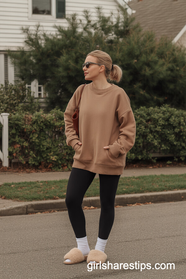 Oversized Tan Sweater with Black Leggings