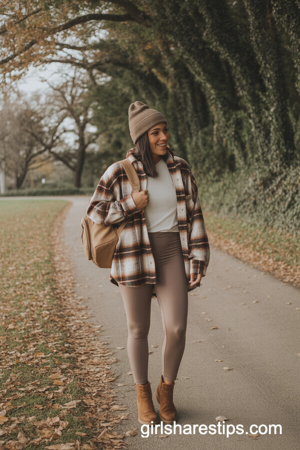 Taupe Leggings with Plaid Flannel